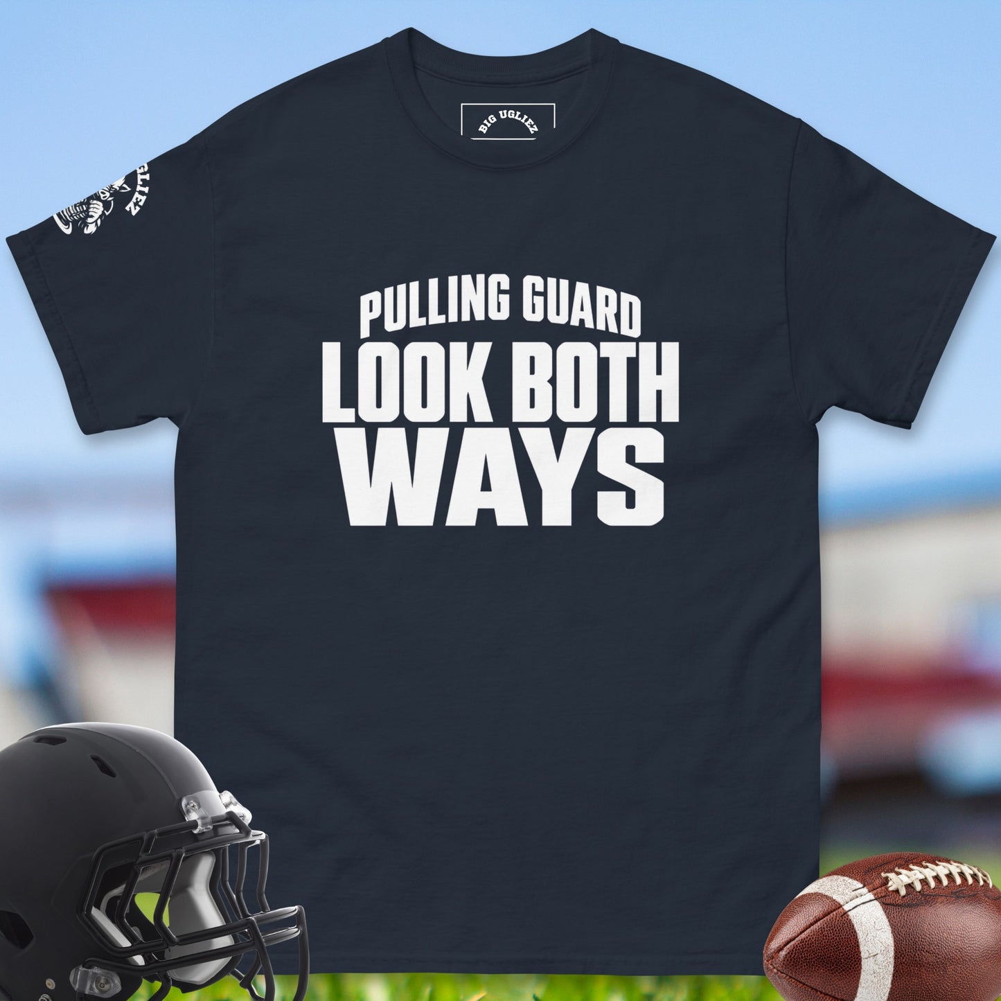 Pulling_Guard_Look_Both_Ways_T-shirt_for_Offensive_Lineman_in_Navy