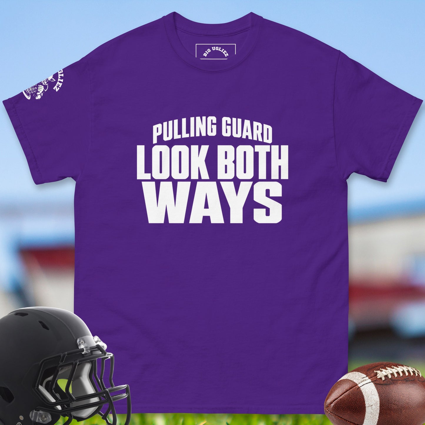 Pulling_Guard_Look_Both_Ways_T-shirt_for_Offensive_Lineman_in_Purple