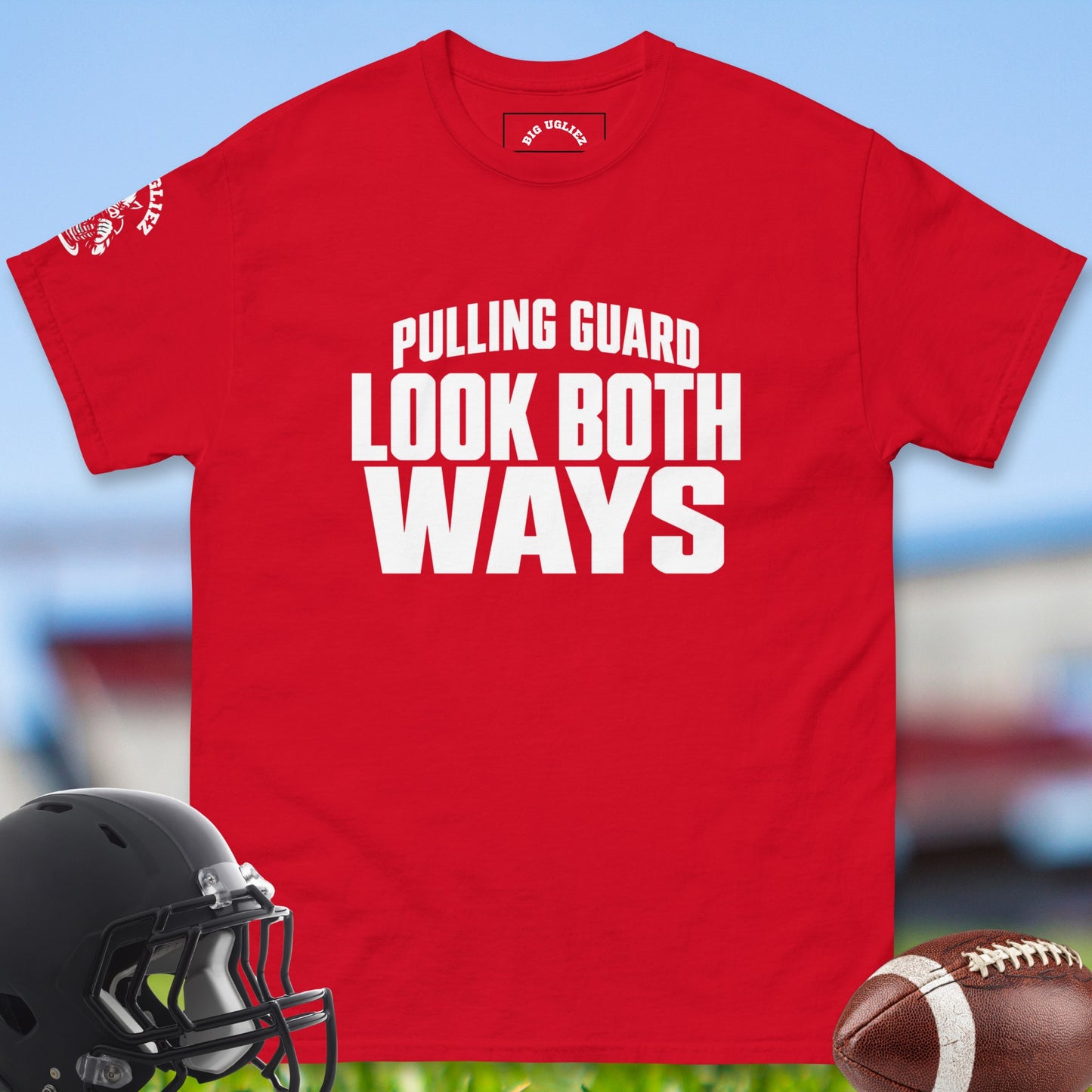Pulling_Guard_Look_Both_Ways_T-shirt_for_Offensive_Lineman_in_Red