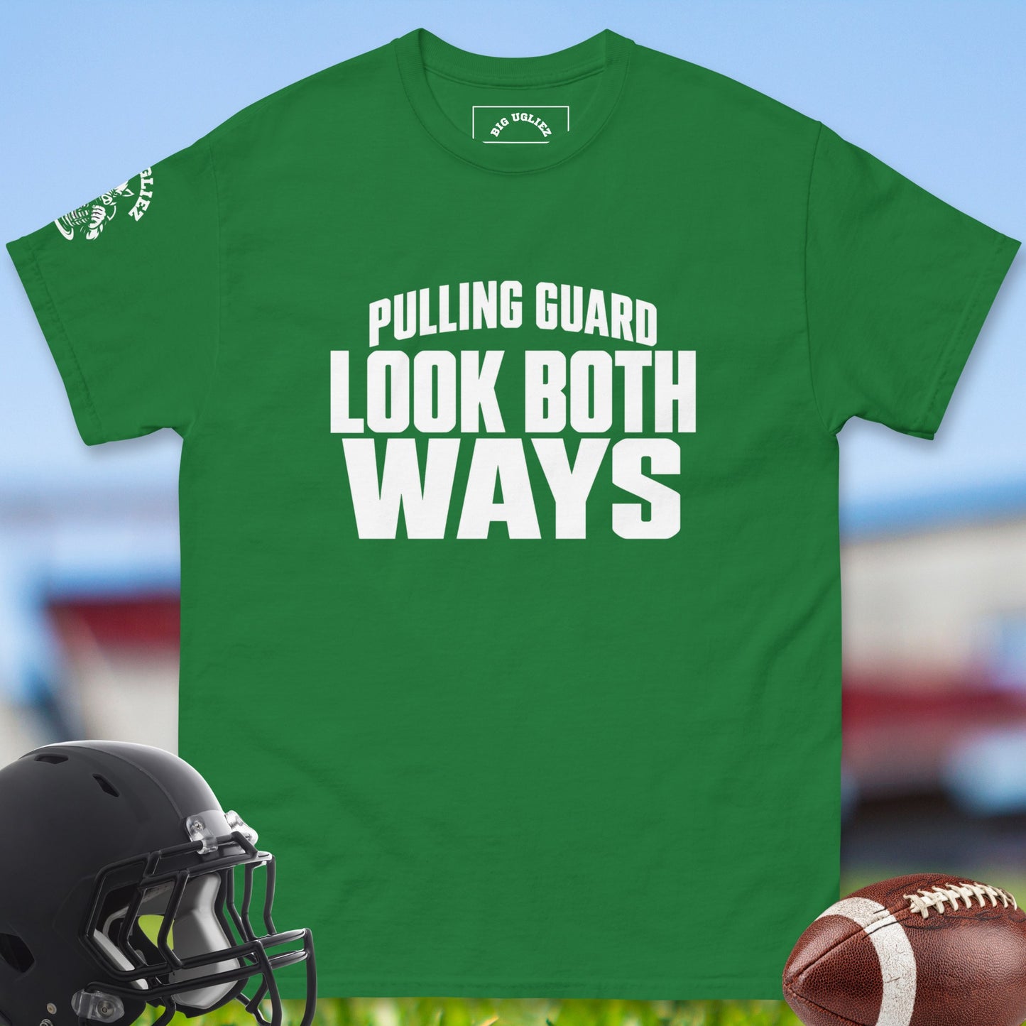 Pulling_Guard_Look_Both_Ways_T-shirt_for_Offensive_Lineman_in_Turf_Green