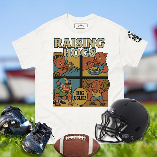 Funny vintage t-shirt design showing hogs growing up from pancakes to football, with “Raising Hogs” and Big Ugliez logo.