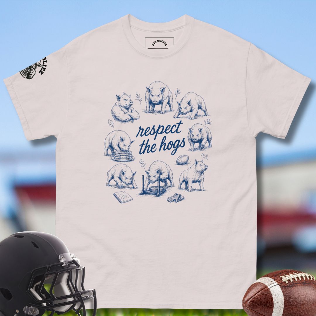 T-shirt with pig illustrations and 'respect the hogs' text, helmet, and football on a sports-themed background