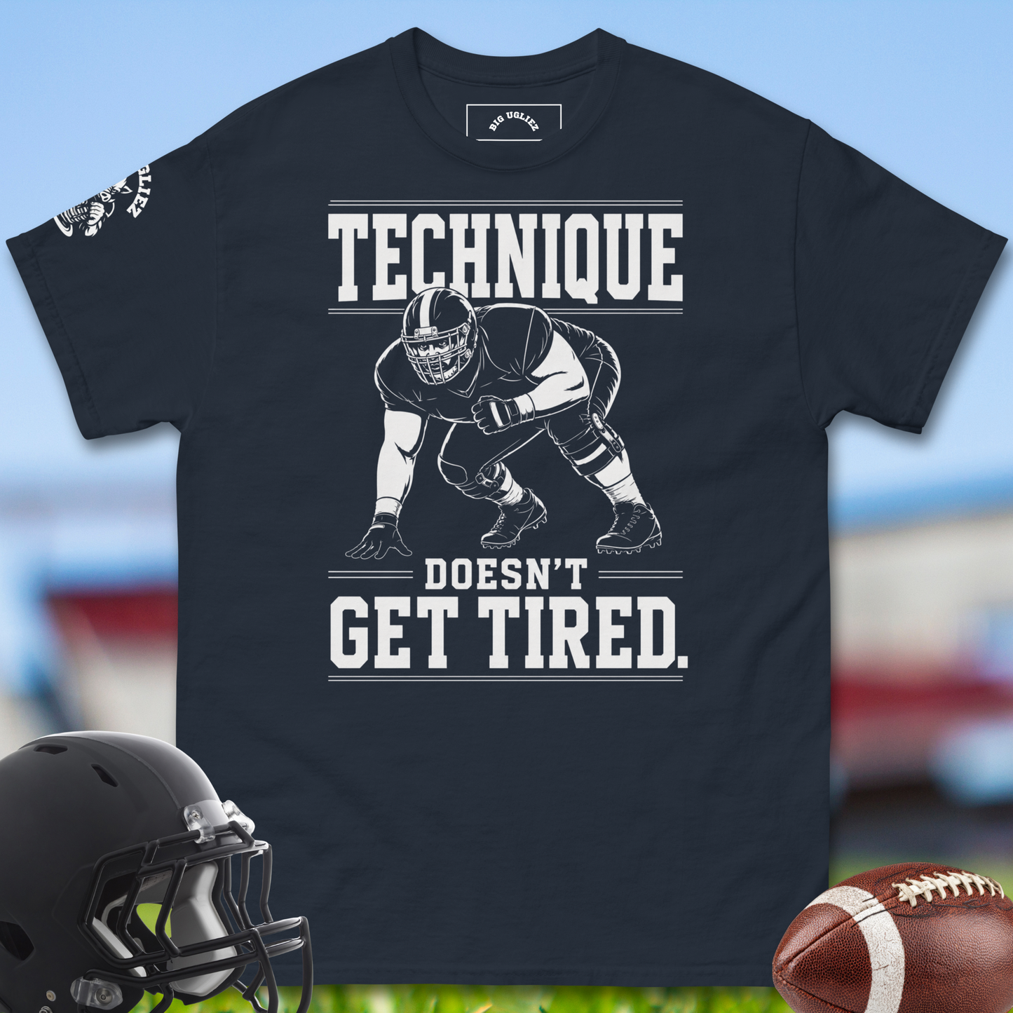 Technique_Doesnt_Get_Tired_T-shirt_for_Offensive_Lineman_in_Navy