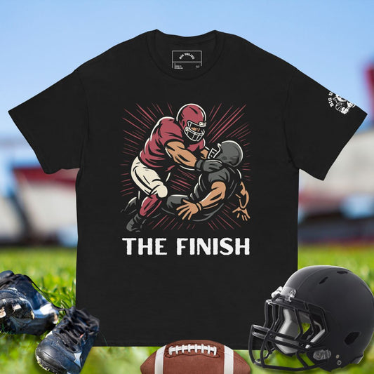 Big Ugliez The Finish football t-shirt featuring offensive lineman pancaking defender, symbolizing trench dominance and grit.