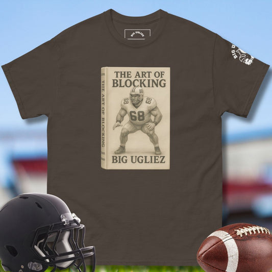 Brown t-shirt with 'The Art of Blocking' graphic, helmet, and football on a sports-themed background