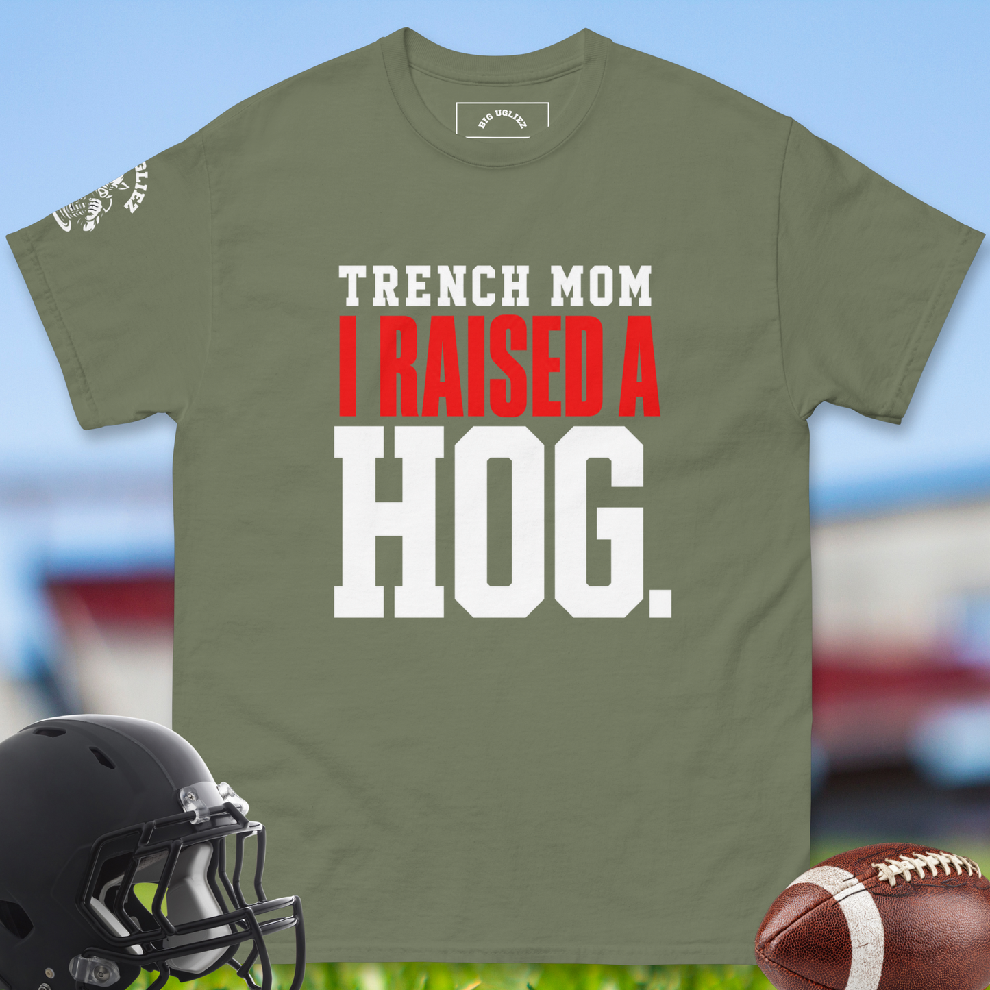 Trench_Mom_I_Raised_A_Hog_T-shirt_for_Offensive_Lineman_in_Military_Green
