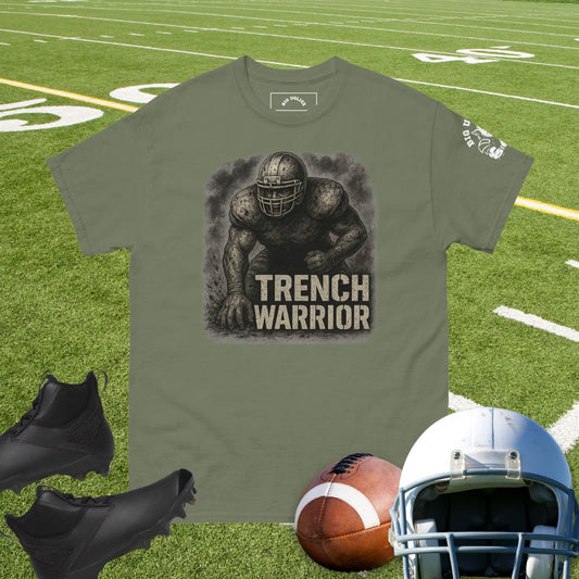 Trench Warrior football shirt with offensive lineman in gritty stance