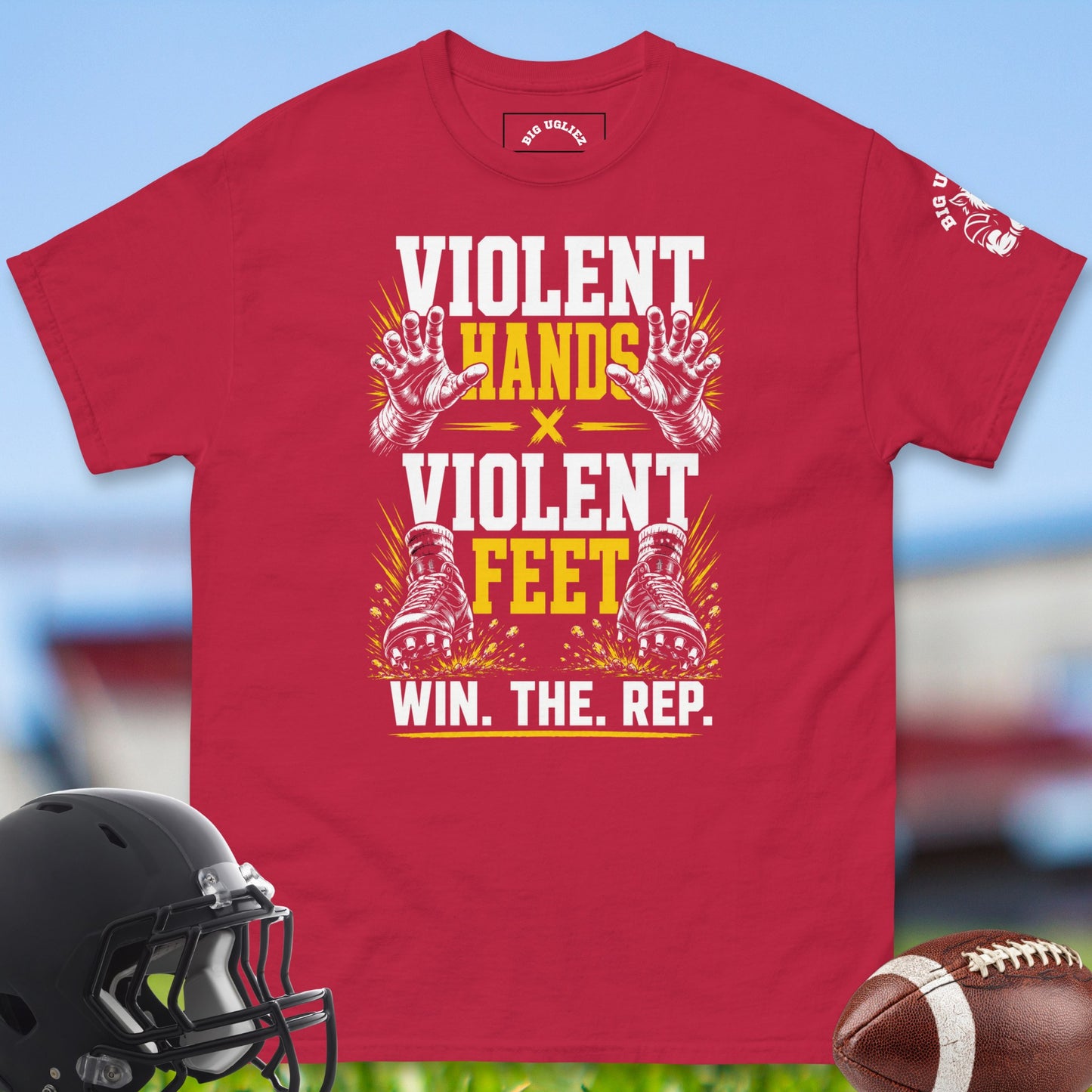 Violent_Hands_X_Violent_Feet_T-shirt_for_Offensive_Lineman_in_Cardinal