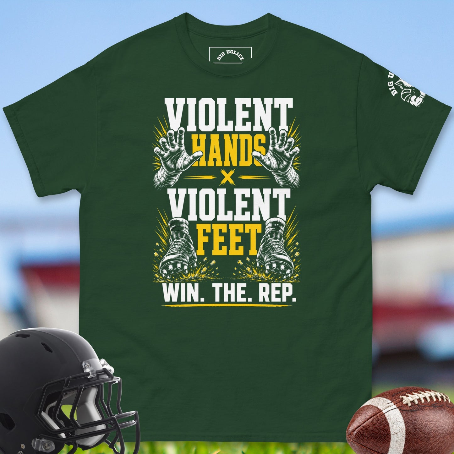Violent_Hands_X_Violent_Feet_T-shirt_for_Offensive_Lineman_in_Forest_Green