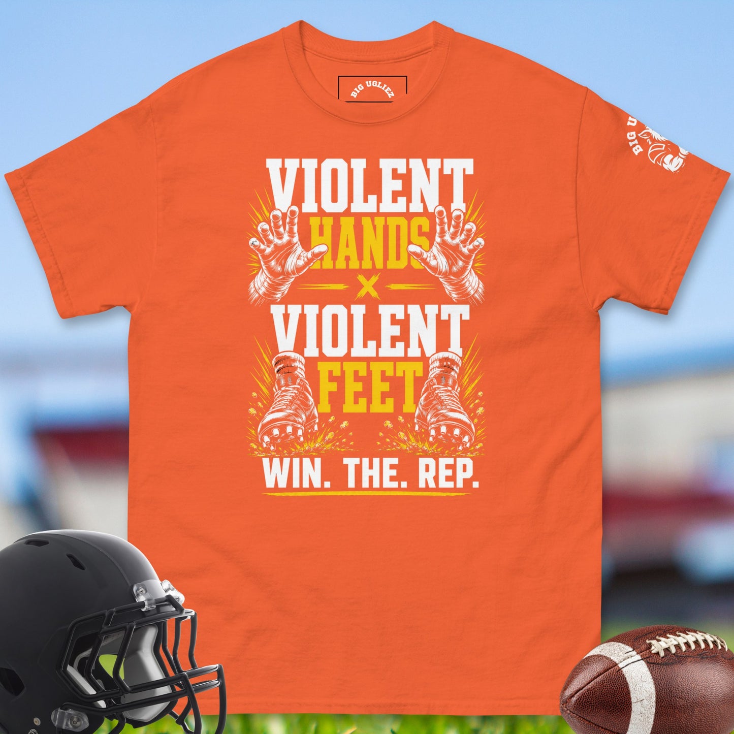 Violent_Hands_X_Violent_Feet_T-shirt_for_Offensive_Lineman_in_Orange