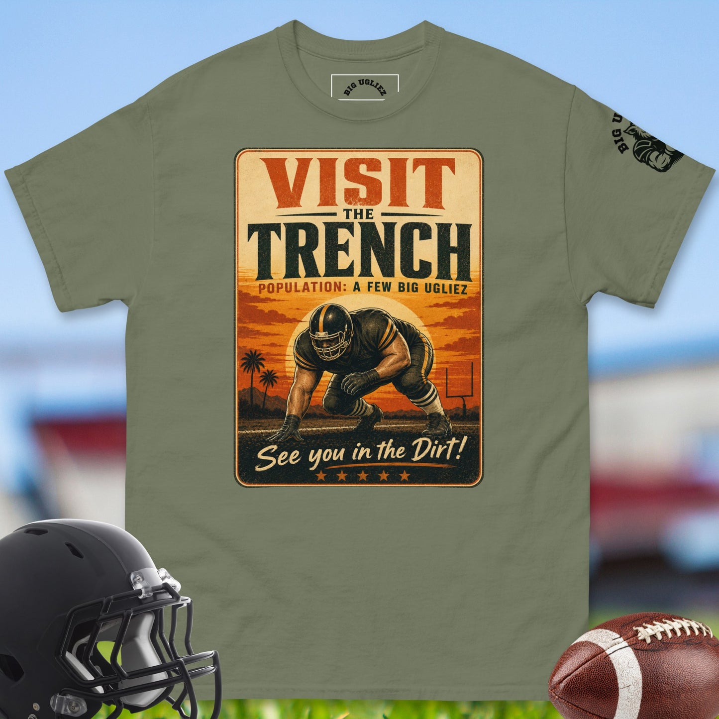 Visit_The_Trench_T-shirt_for_Offensive_Lineman_in_Military_Green