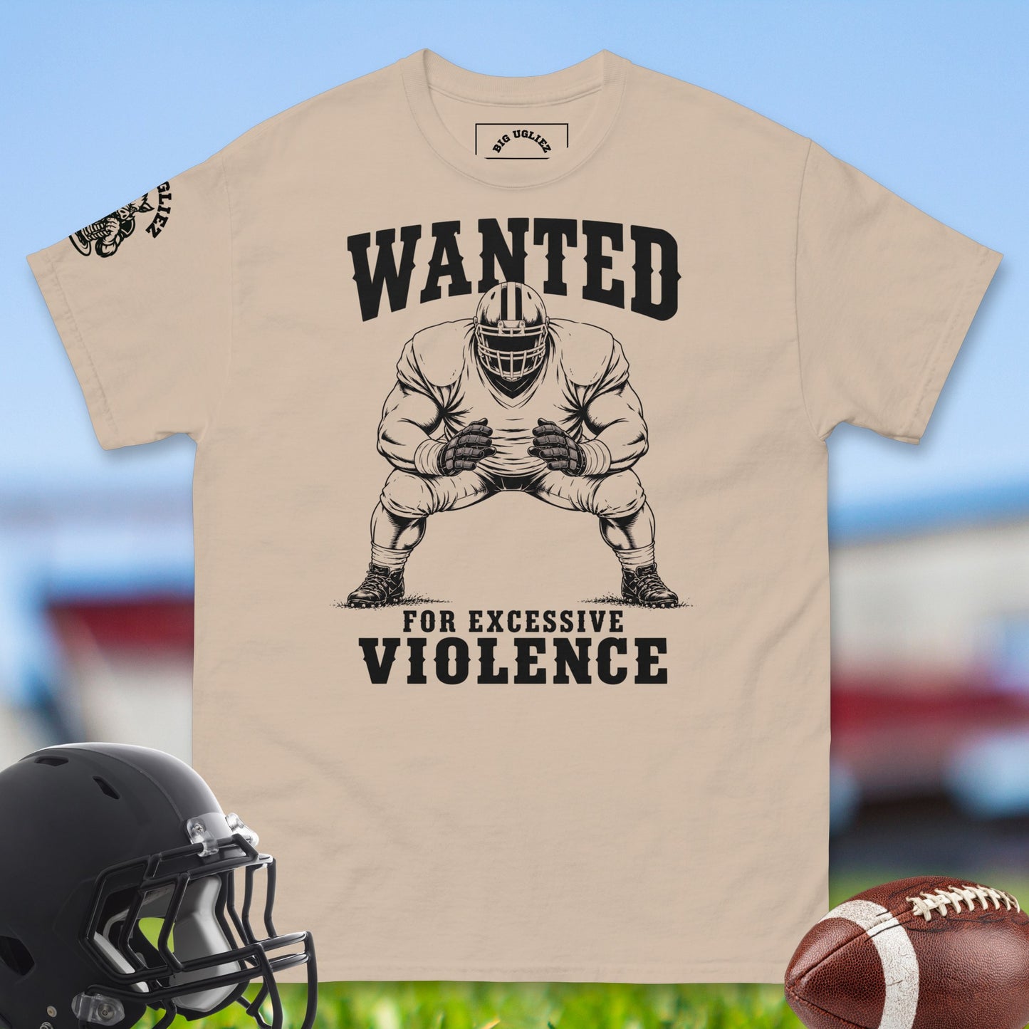 Wanted_For_Excessive_Violence_T-shirt_for_Offensive_Lineman_in_Sand