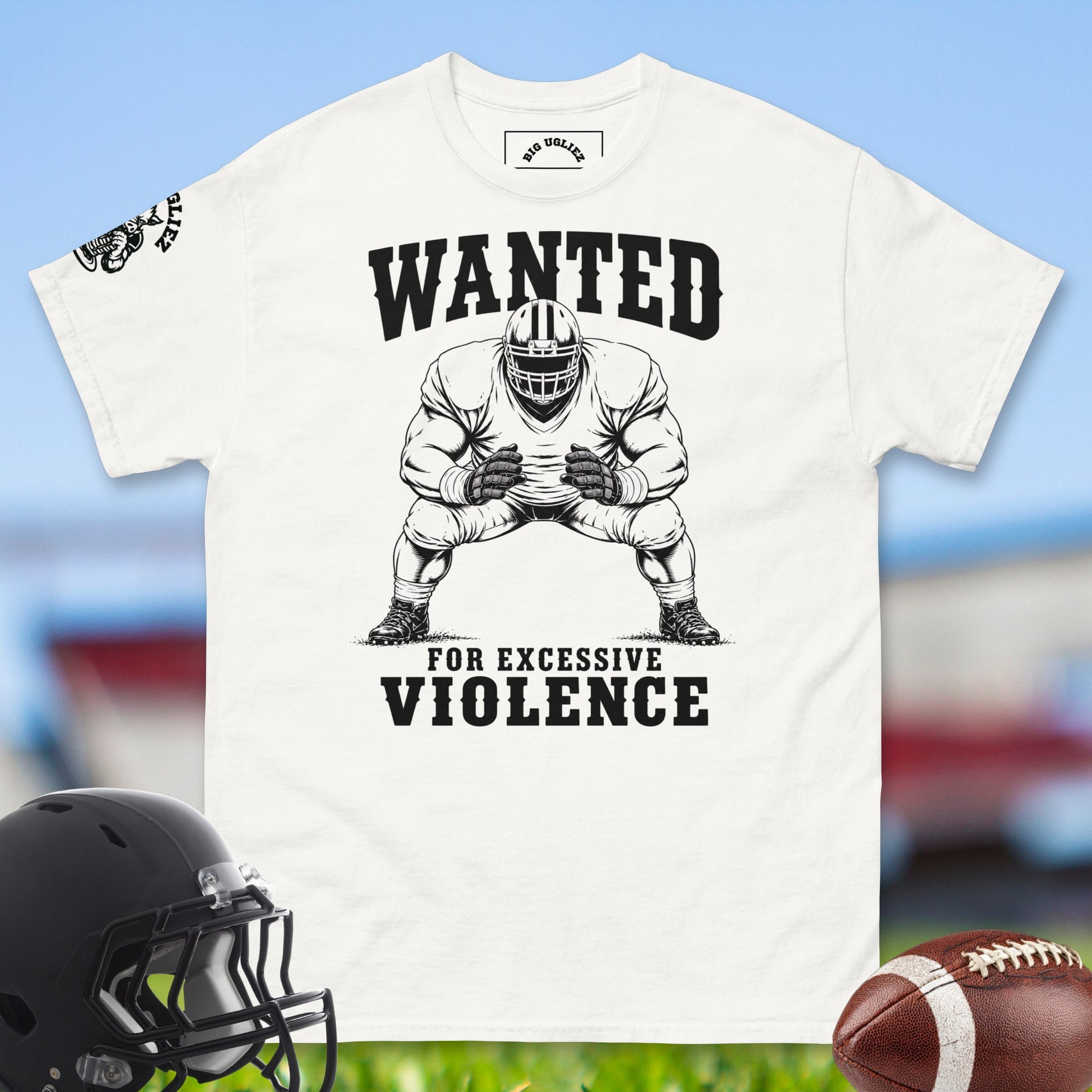 Wanted_For_Excessive_Violence_T-shirt_for_Offensive_Lineman_in_White