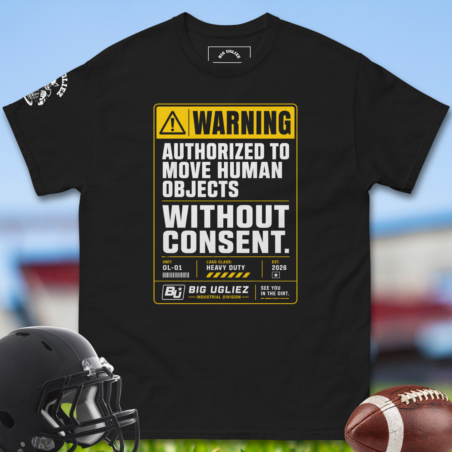 Warning_Authorized_To_Move_Human_Objects_Without_Consent_T-shirt_for_Offensive_Lineman_in_Black