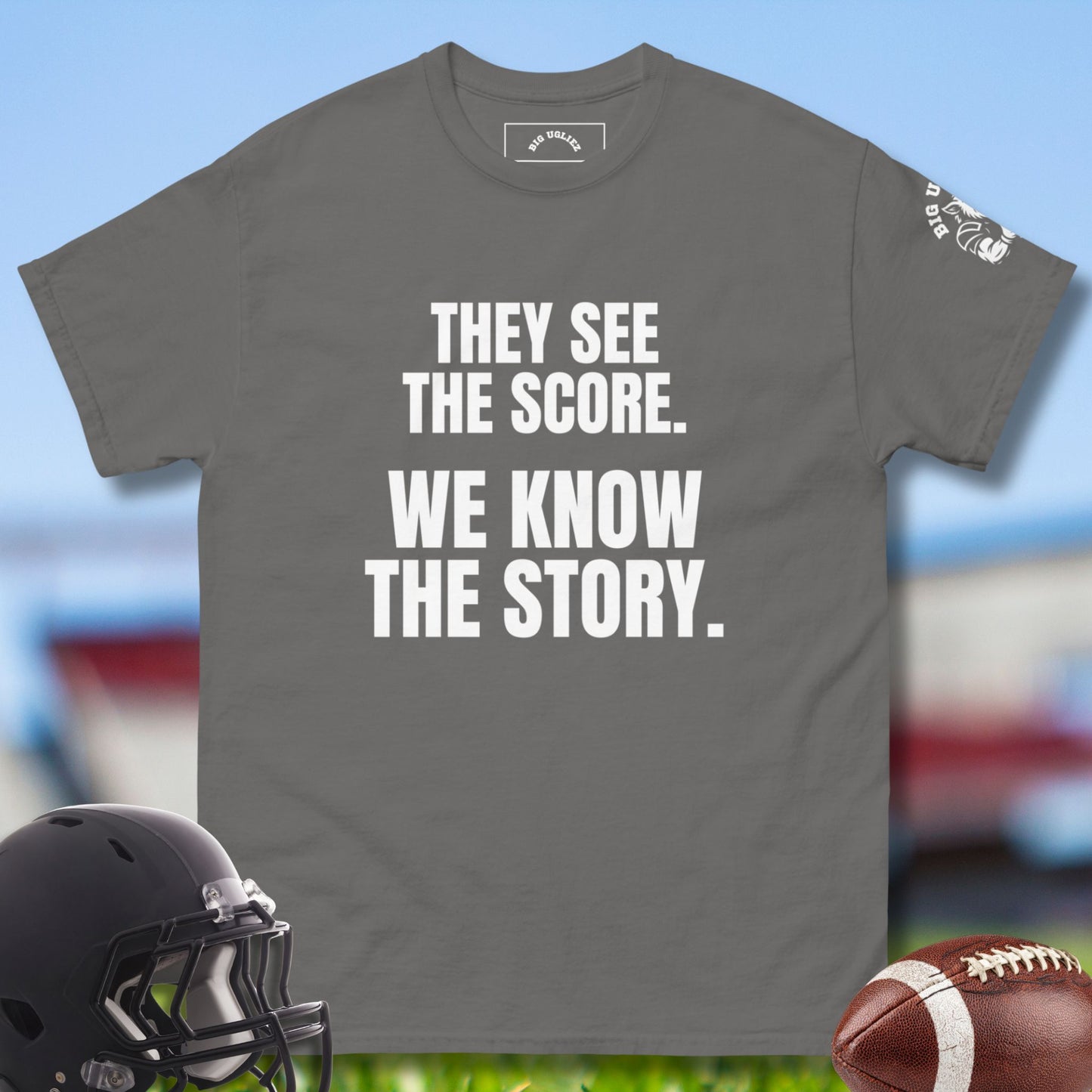 We Know The Story Tee in charcoal by Big Ugliez