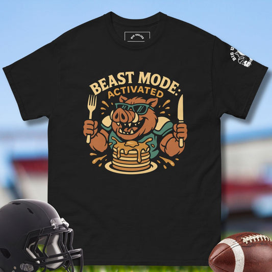 black tshirt with hog eating pancakes illustrations with the text "beast mode: actiivate"