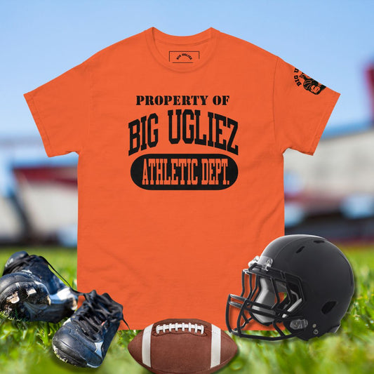 Big Ugliez Athletic Dept. t-shirt with bold black text and transparent lettering for offensive linemen