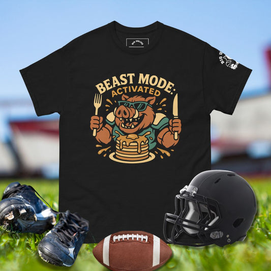 Football shirt with hog in sunglasses eating pancakes and text Beast Mode Activated