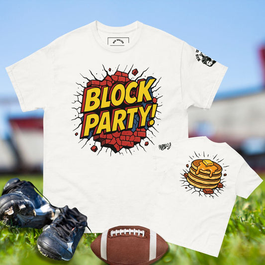 Front of football shirt with comic-style Block Party text breaking through bricks