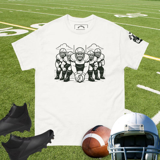 Offensive linemen lined up in formation graphic on t-shirt