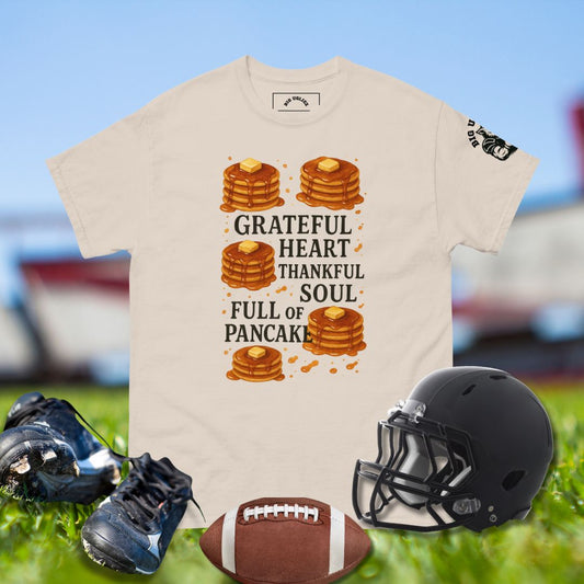Football shirt with stacks of pancakes and text Grateful Heart Thankful Soul Full of Pancake