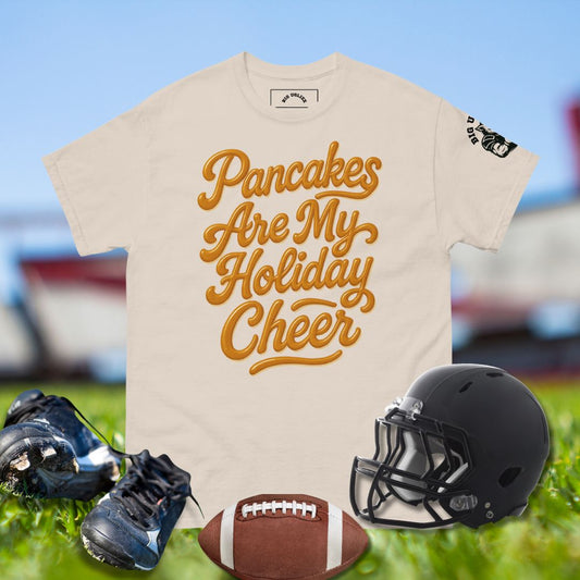 Football shirt with syrup-style text Pancakes Are My Holiday Cheer