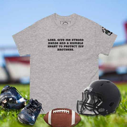 Football shirt with prayer text Lord give me strong hands and a humble heart to protect my brothers