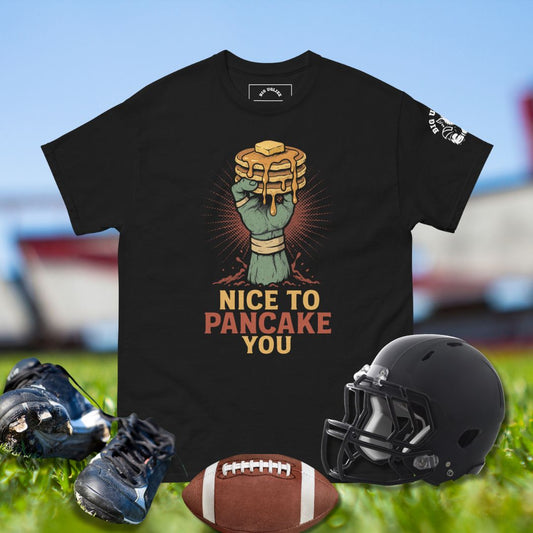 Football shirt with hand holding syrupy pancakes and text Nice to Pancake You