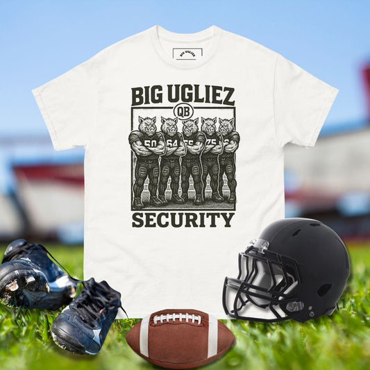 Big Ugliez Security Hogs shirt with hog-masked offensive linemen protecting the QB