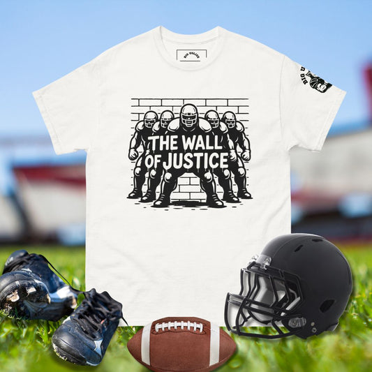 Football shirt with five linemen standing in front of a brick wall and text The Wall of Justice