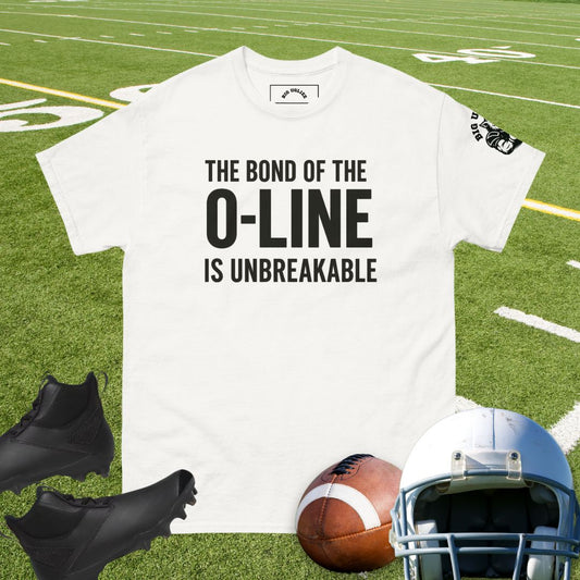 The Bond of the O-Line is Unbreakable black typography design on cotton football shirt