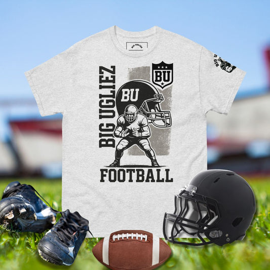 BU Shield O-Line Brotherhood t-shirt with offensive lineman illustration and vintage football helmet.