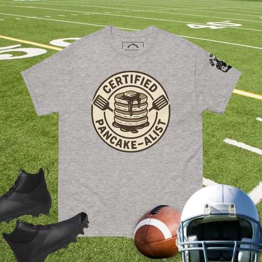 Certified Pancake-alist football t-shirt with pancake stack design