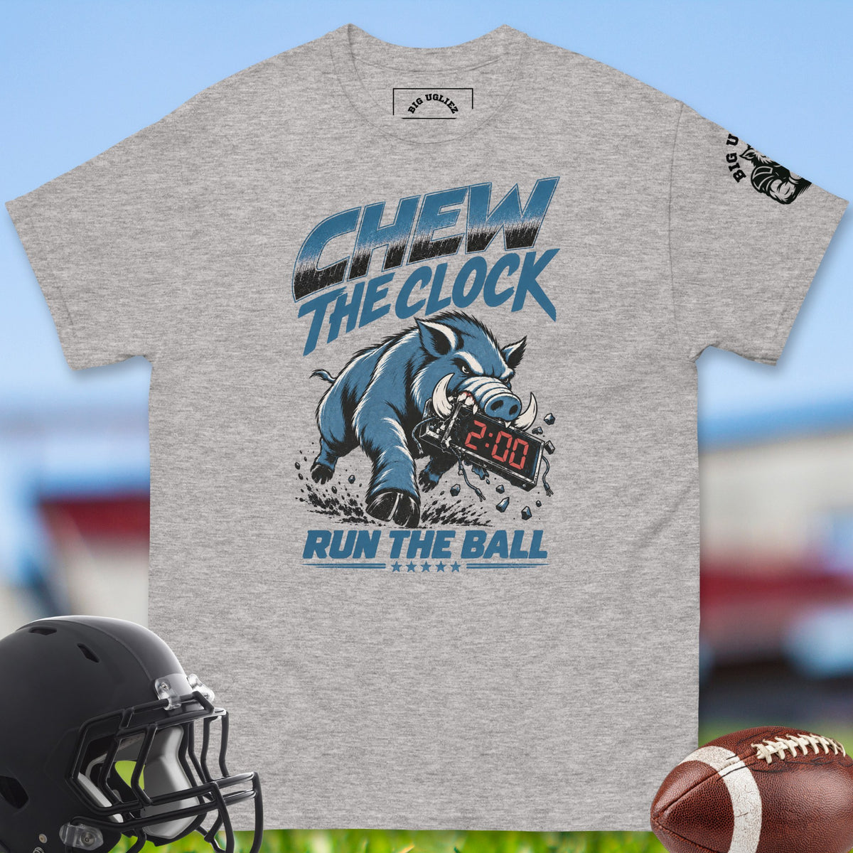 chew-the-clock-offensive-linemen-t-shirts-by-big-ugliez-in-gray color