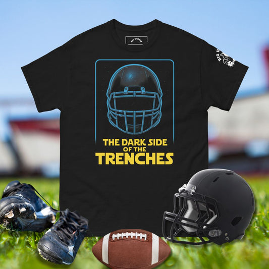 Offensive lineman trench shirt with neon helmet art and powerful front-line lettering