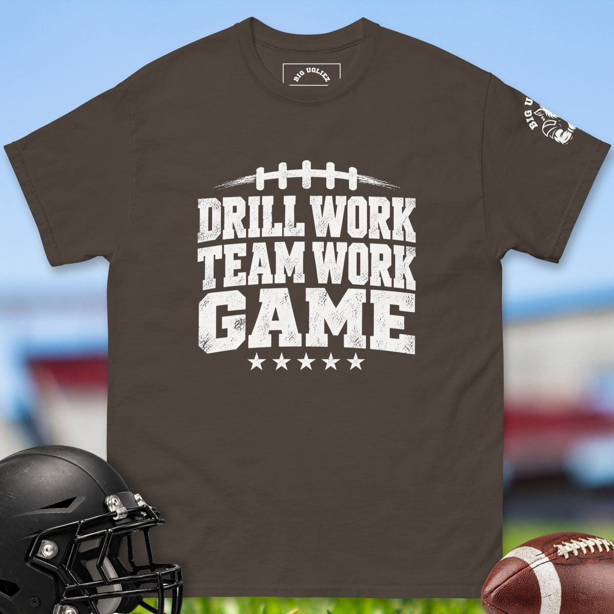 drill-work-team-work-game-offensive-linemen-t-shirts-by-big-ugliez-in-dark-chocolate