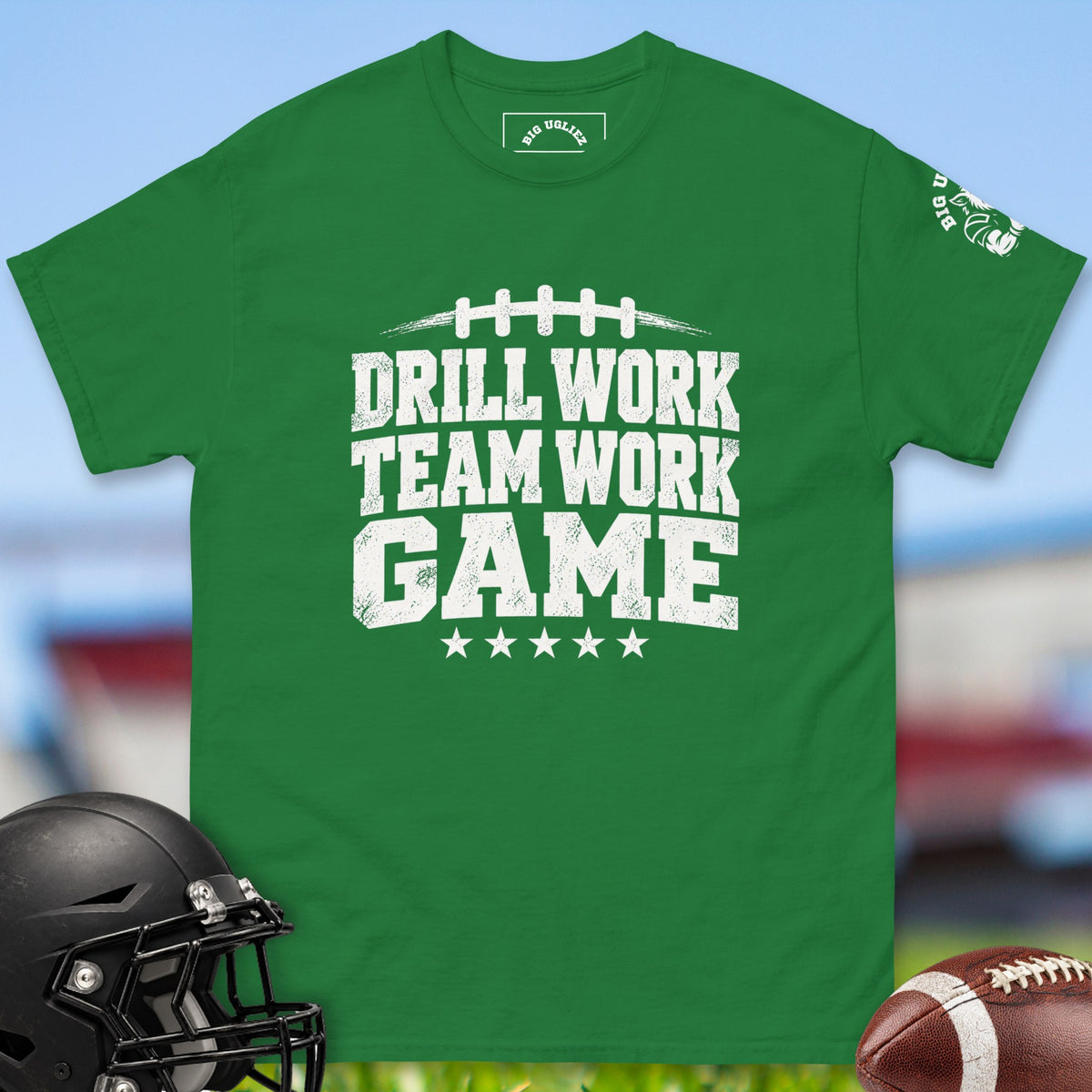 drill-work-team-work-game-offensive-linemen-t-shirts-by-big-ugliez-in-turf-green