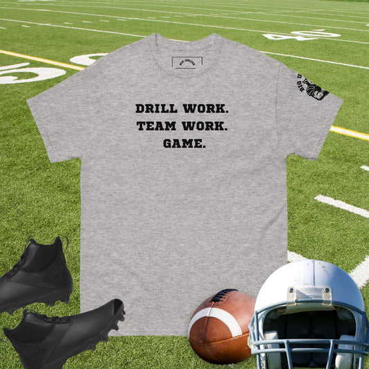 Offensive line football shirt with “Drill Work. Team Work. Game.” text design