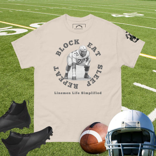 Offensive lineman stance with circular Eat Block Sleep Repeat design on t-shirt