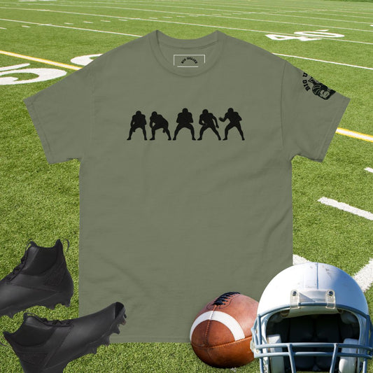 Five football linemen silhouette in blocking stance on a cotton tee