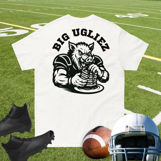 Hog logo eating pancake stack on offensive line t-shirt
