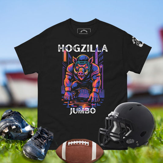 Neon football hog lineman graphic with bold text Hogzilla in the Trenches O-linemen tshirt. 