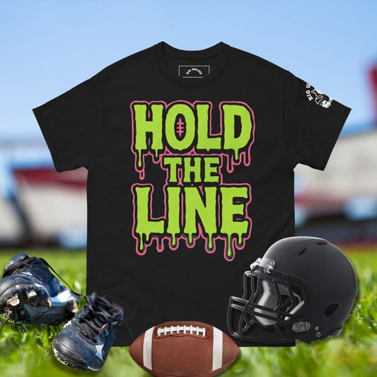Olineman Football graphic tee with bold slime-style lettering reading Hold the Line.