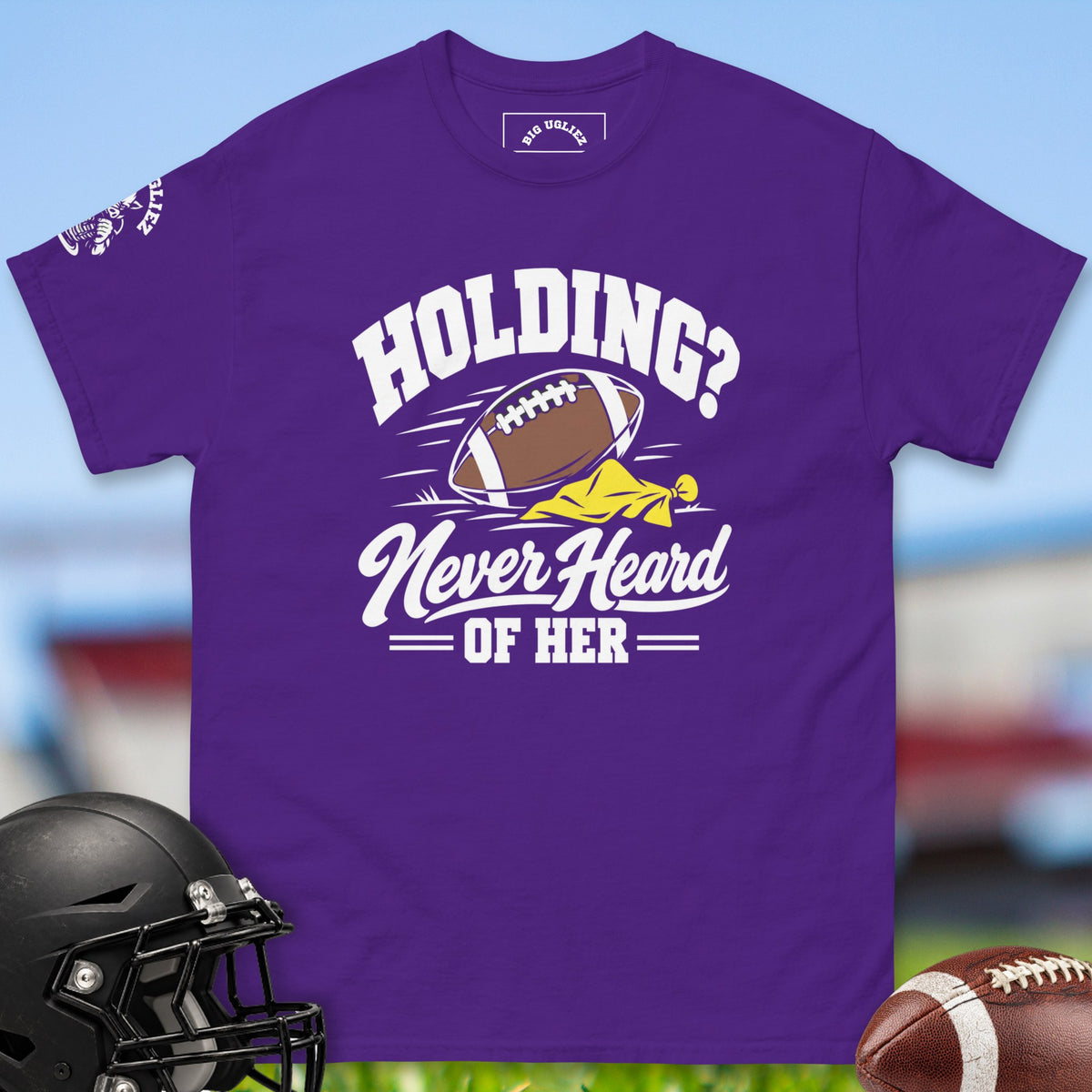 Holding? Never Heard Of Her offensive lineman t-shirt in Purple by Big Ugliez