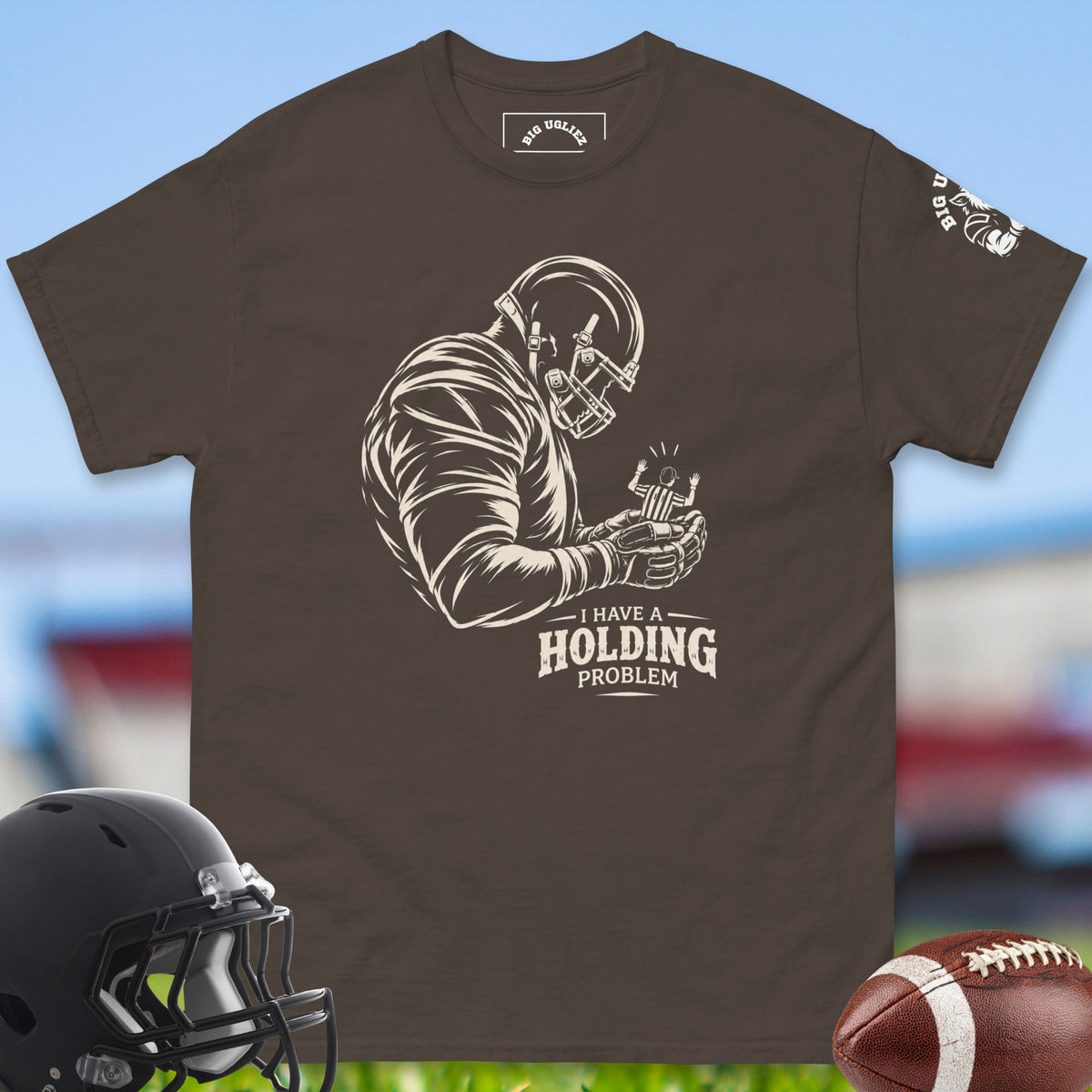 i-have-a-holding-problem-offensive-linemen-t-shirts-by-big-ugliez-in-dark-chocolate color