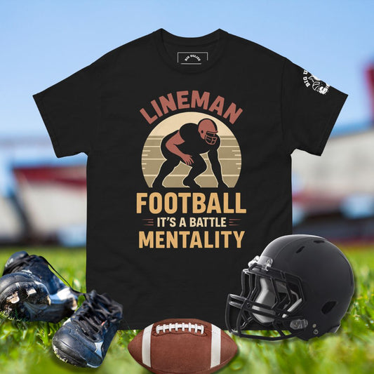 Lineman football t-shirt with player graphic and battle mentality slogan.
