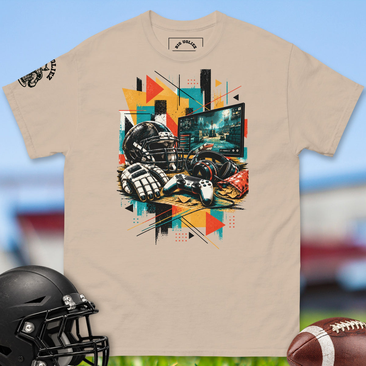 lineman-gaming-setup-offensive-linemen-t-shirts-by-big-ugliez-in-sand