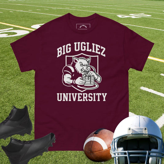 Big Ugliez University t-shirt with hog eating pancakes design in maroon color