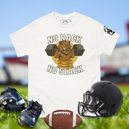 Fierce hog lifting barbell over pancakes with gold letters saying No Rack No Stack, football offensive lineman t-shirt design.