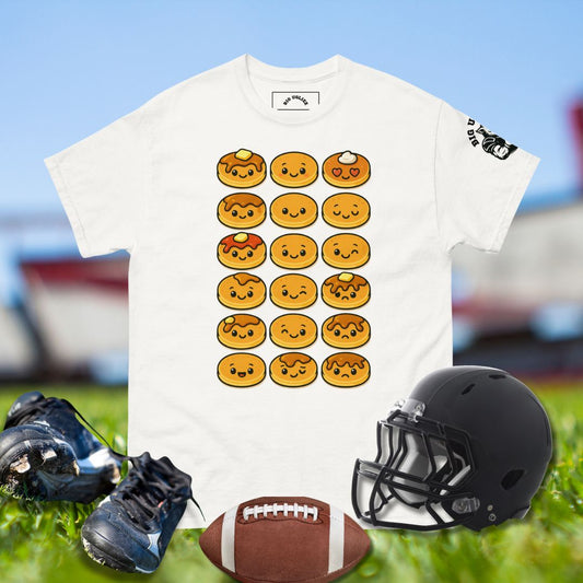 Big Ugliez Pancake Faces tee celebrating O-line pride with playful pancake design